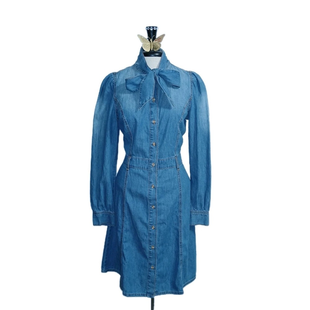 Western Women Bow Denim Dress S Blue Jean Fit Flare Medium Wash Cowgirl Country
